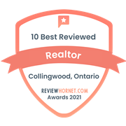 An award badge featuring '10 Best Reviewed Realtor in Collingwood, Ontario' from ReviewHornet.com, indicating high customer satisfaction in 2021.