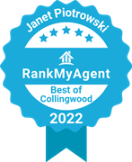 The image features a blue and white award ribbon with stars and text indicating an individual named Janet Piotrowski as RankMyAgent of Collingwood for the year 2022.